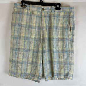 Tommy Bahama Shorts Men's 34 Blue Yellow Beige Plaid Stripe Linen Blend